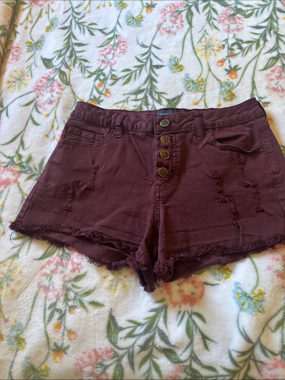 Angel Kiss Burgundy High-Rise Button-Front Distressed Jean Shorts